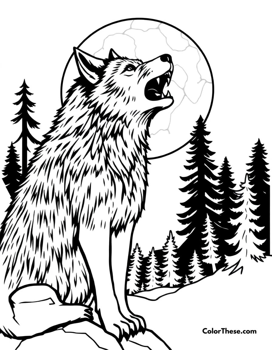 Free printable werewolf howling at the moon coloring page for kids and adults. A werewolf howling at a full moon.