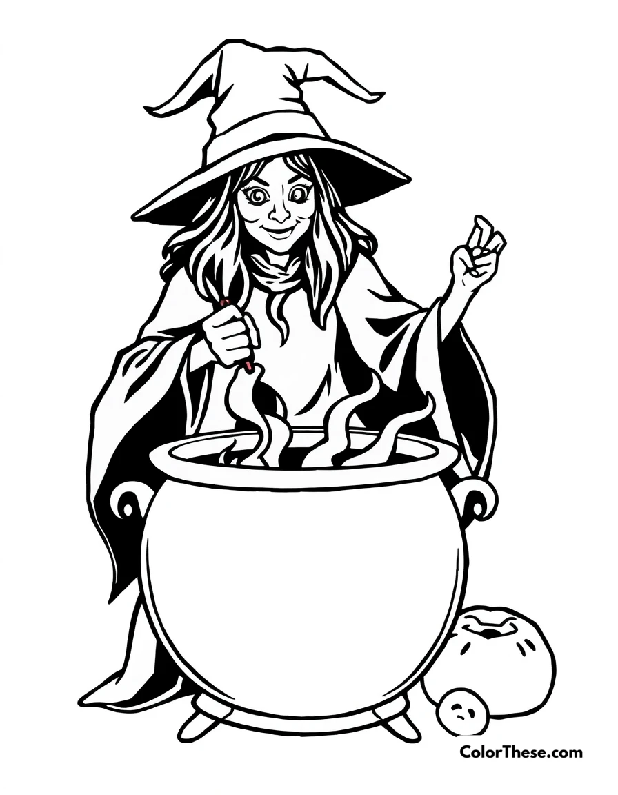 Free printable witch’s cauldron bubbling coloring page for kids and adults. A witch stirring a bubbling cauldron.
