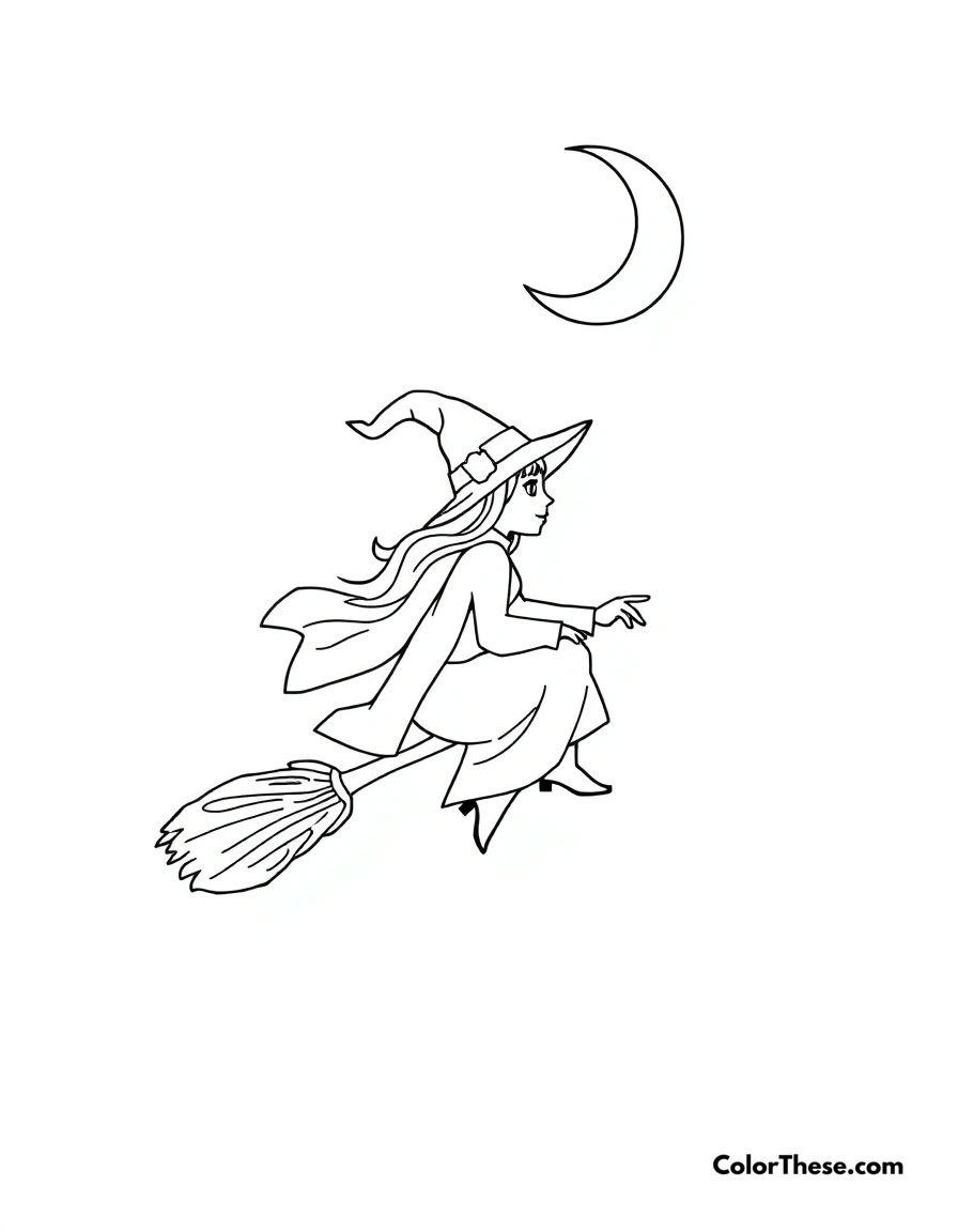 Free printable witch flying on a broomstick coloring page for kids and adults. A witch flying on a broomstick under a crescent moon.