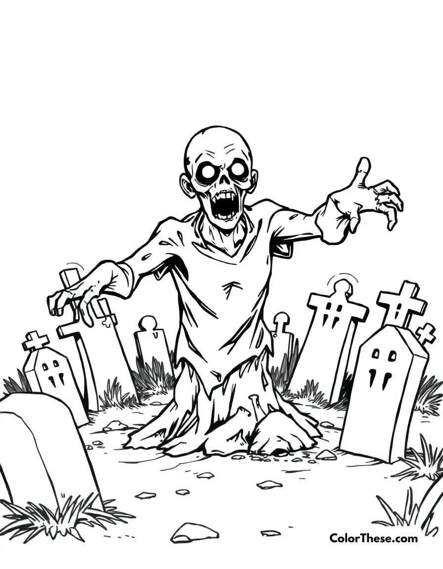 Free printable zombie rising from the ground coloring page for kids and adults. A zombie emerging from the ground in a graveyard.