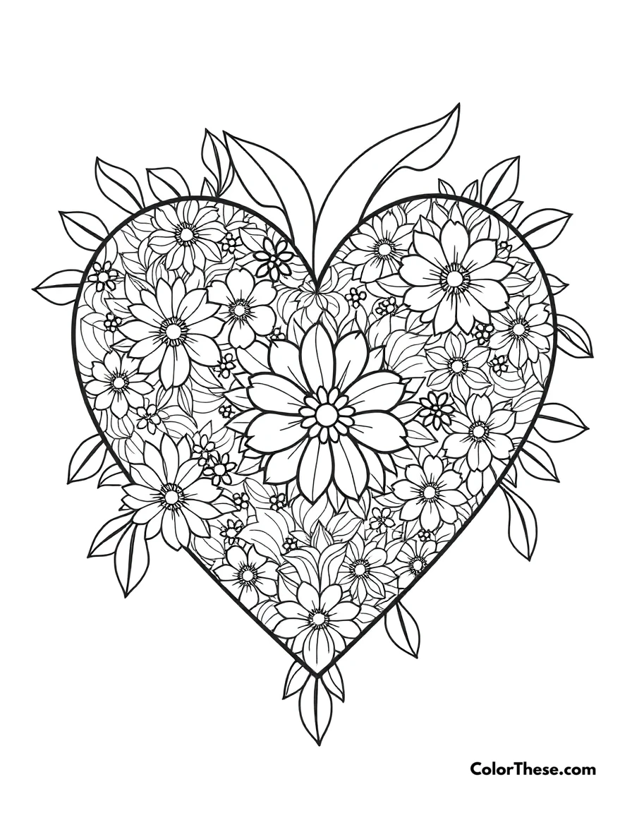 Free printable floral heart design coloring page for kids and adults. A heart filled with intricate floral patterns.