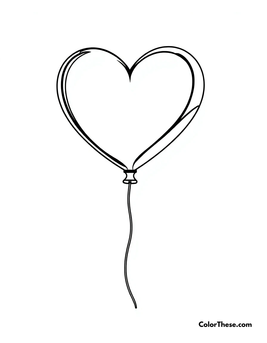 Free printable heart-shaped balloon coloring page for kids and adults. A heart-shaped balloon floating in the air.