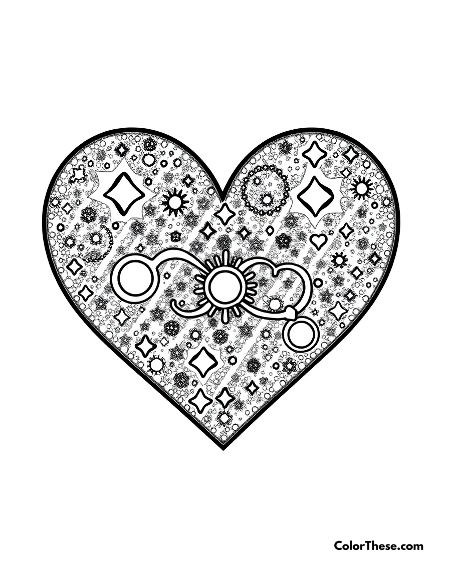 Free printable heart-shaped galaxy coloring page for kids and adults. A heart filled with a galaxy design, symbolizing infinite love.