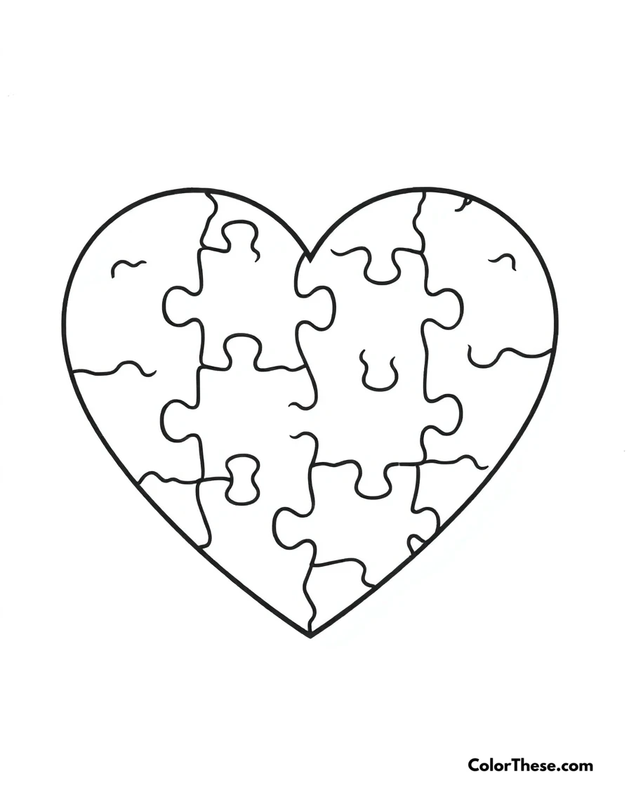 Free printable heart-shaped puzzle coloring page for kids and adults. A heart made up of interlocking puzzle pieces.