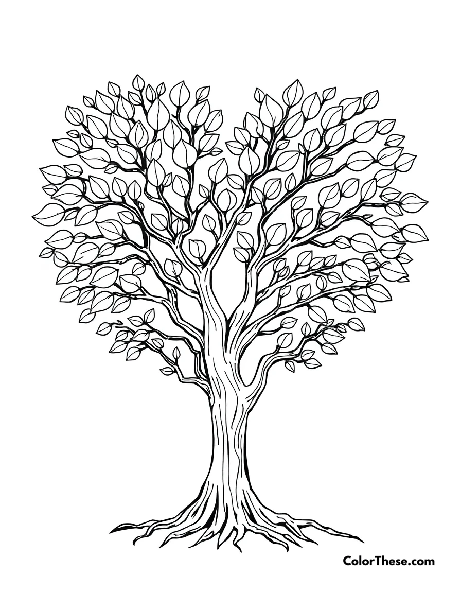 Free printable heart-shaped tree coloring page for kids and adults. A tree shaped like a heart, symbolizing growth and love.