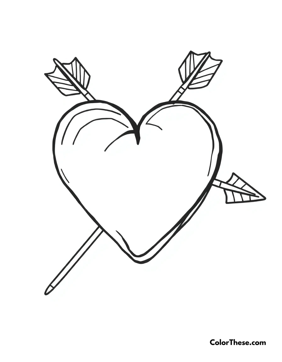Free printable heart with arrow coloring page for kids and adults. A heart pierced by an arrow, symbolizing love.