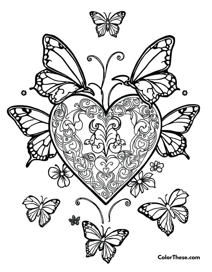 Free printable heart with butterflies coloring page for kids and adults. A heart surrounded by butterflies.