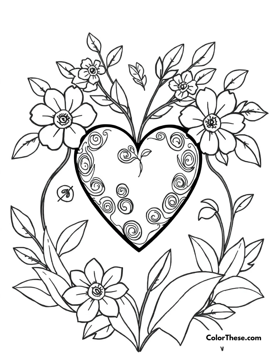 Free printable heart with flowers and leaves coloring page for kids and adults. A heart surrounded by flowers and leaves, symbolizing nature and love.