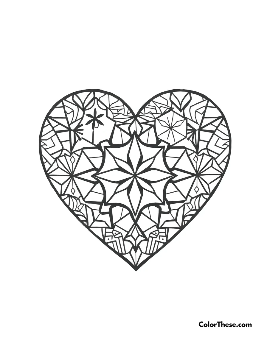 Free printable heart with geometric patterns coloring page for kids and adults. A heart filled with geometric shapes and patterns.