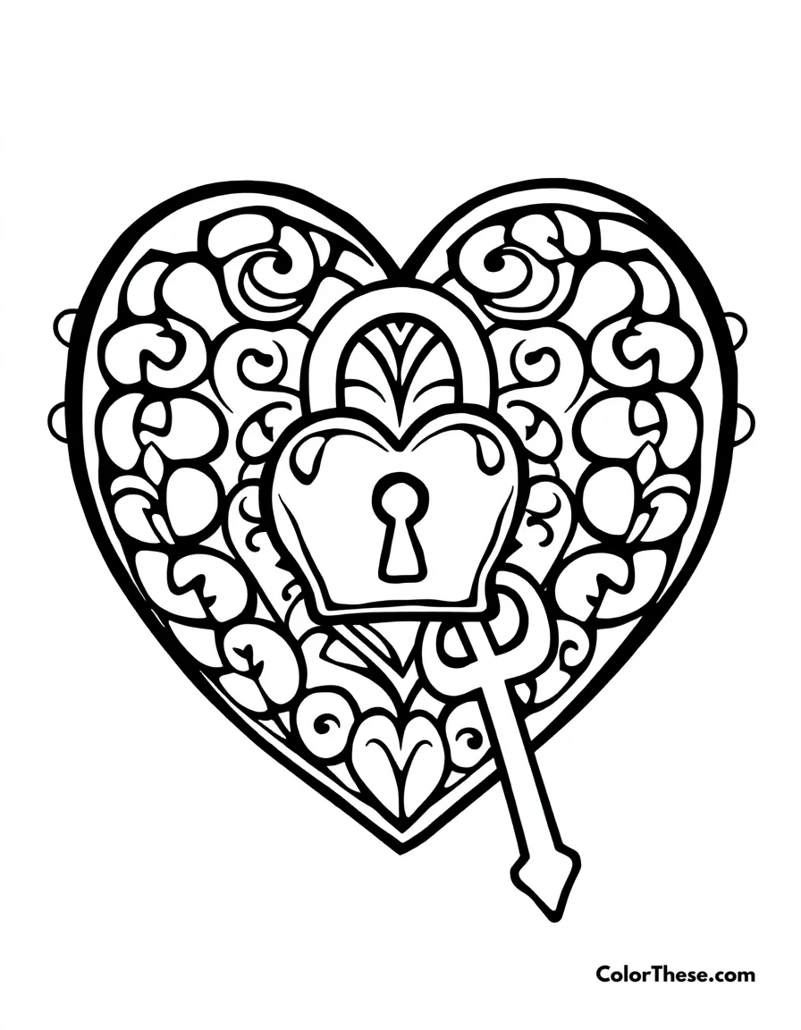 Free printable heart with lock and key coloring page for kids and adults. A heart with a lock and key, symbolizing love and security.
