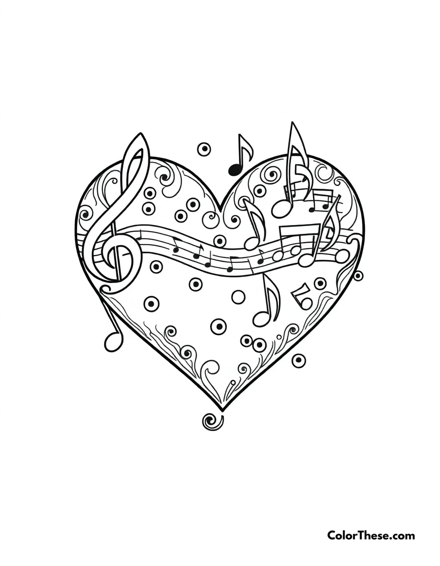 Free printable heart with music notes coloring page for kids and adults. A heart filled with music notes, symbolizing love for music.