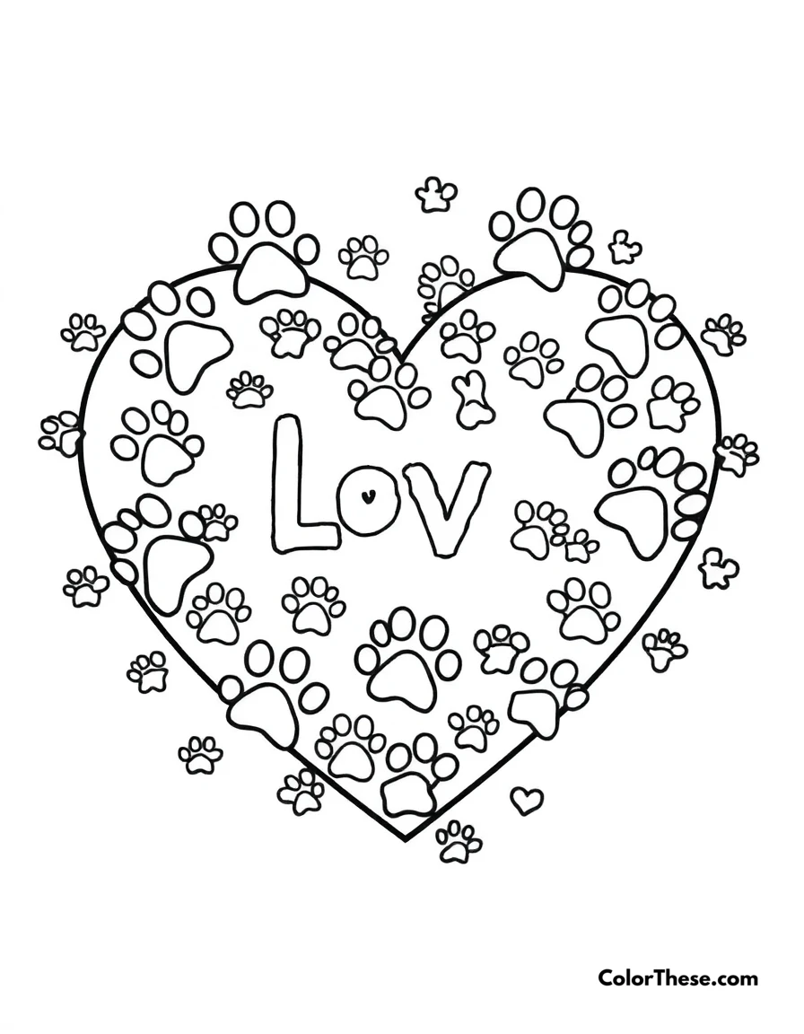 Free printable heart with paw prints coloring page for kids and adults. A heart filled with paw prints, symbolizing love for pets.