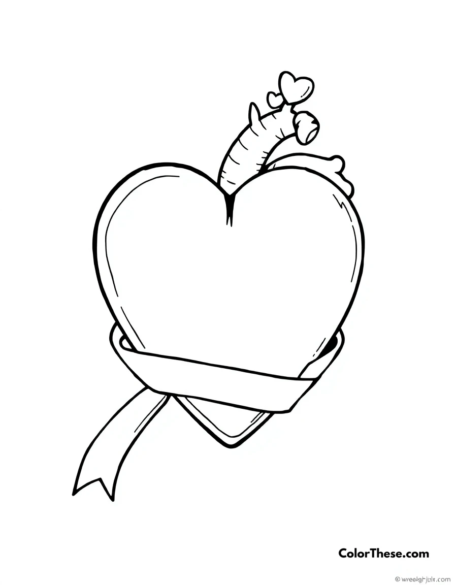 Free printable heart with ribbon coloring page for kids and adults. A heart wrapped in a ribbon, symbolizing love and care.