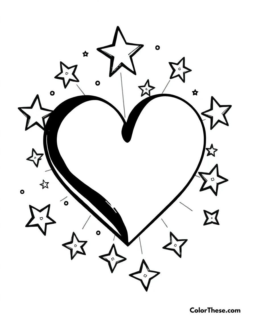 Free printable heart with stars coloring page for kids and adults. A heart surrounded by stars, symbolizing dreams and love.
