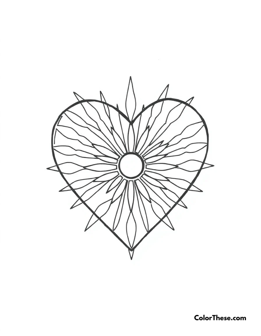 Free printable heart with sunburst coloring page for kids and adults. A heart with a sunburst design, symbolizing warmth and love.
