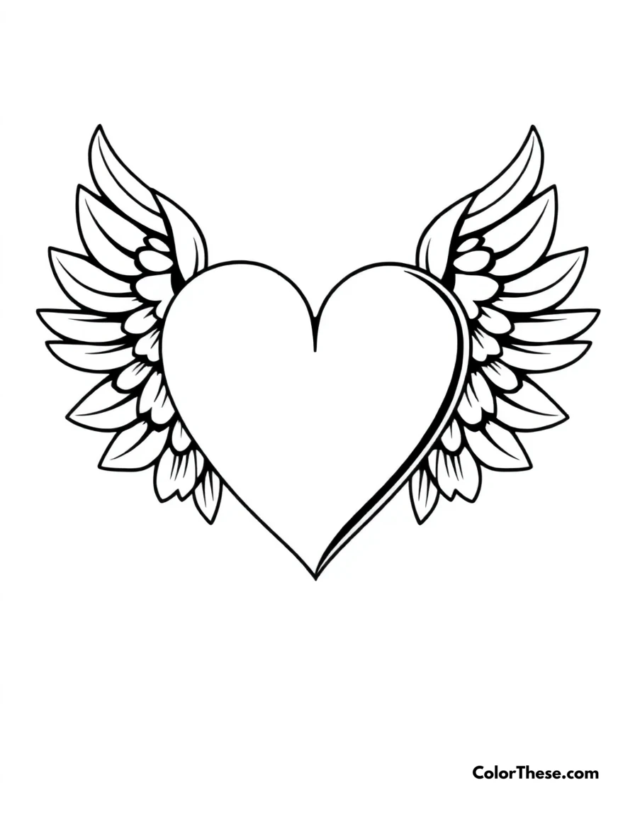 Free printable heart with wings coloring page for kids and adults. A heart with angel wings, symbolizing love and freedom.