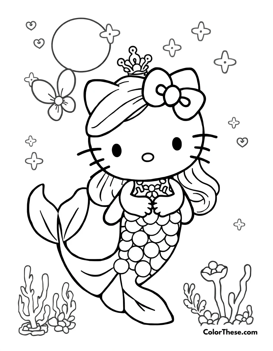 Free printable hello kitty as a mermaid coloring page for kids and adults. Hello Kitty (Sanrio) transformed into a magical mermaid.