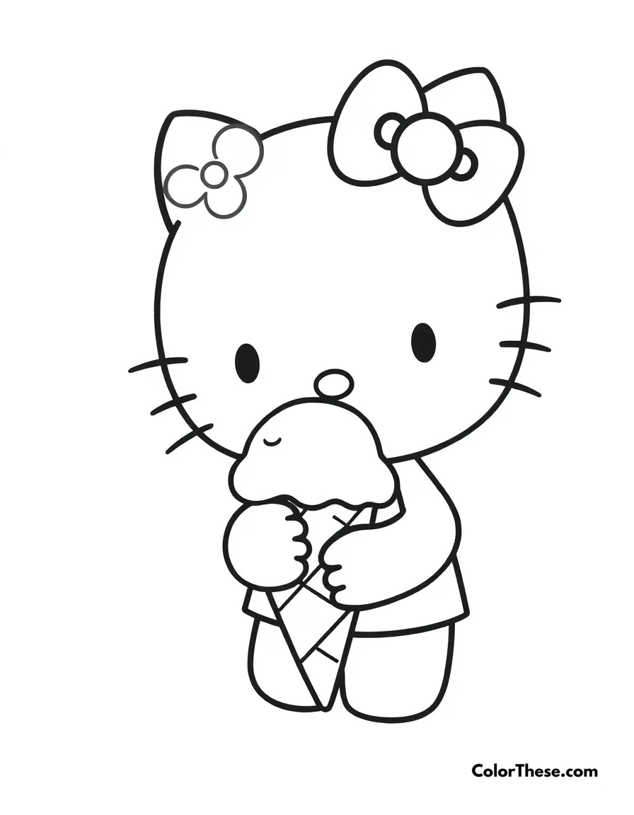 Free printable hello kitty eating ice cream coloring page for kids and adults. Hello Kitty (Sanrio) enjoying a delicious ice cream cone.