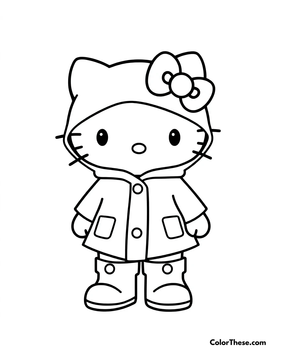 Free printable hello kitty in a raincoat coloring page for kids and adults. Hello Kitty (Sanrio) wearing a cute raincoat and boots.