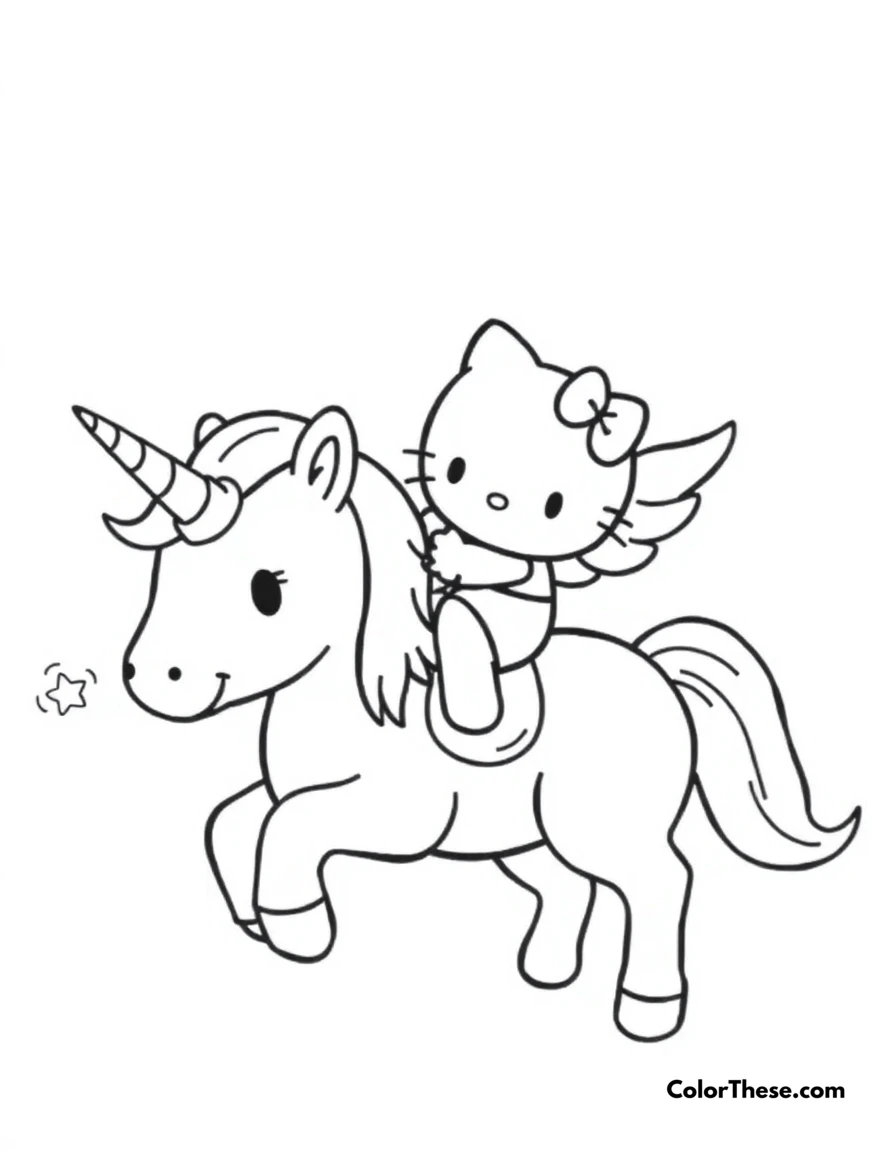 Free printable hello kitty riding a unicorn coloring page for kids and adults. Hello Kitty (Sanrio) riding a magical unicorn.