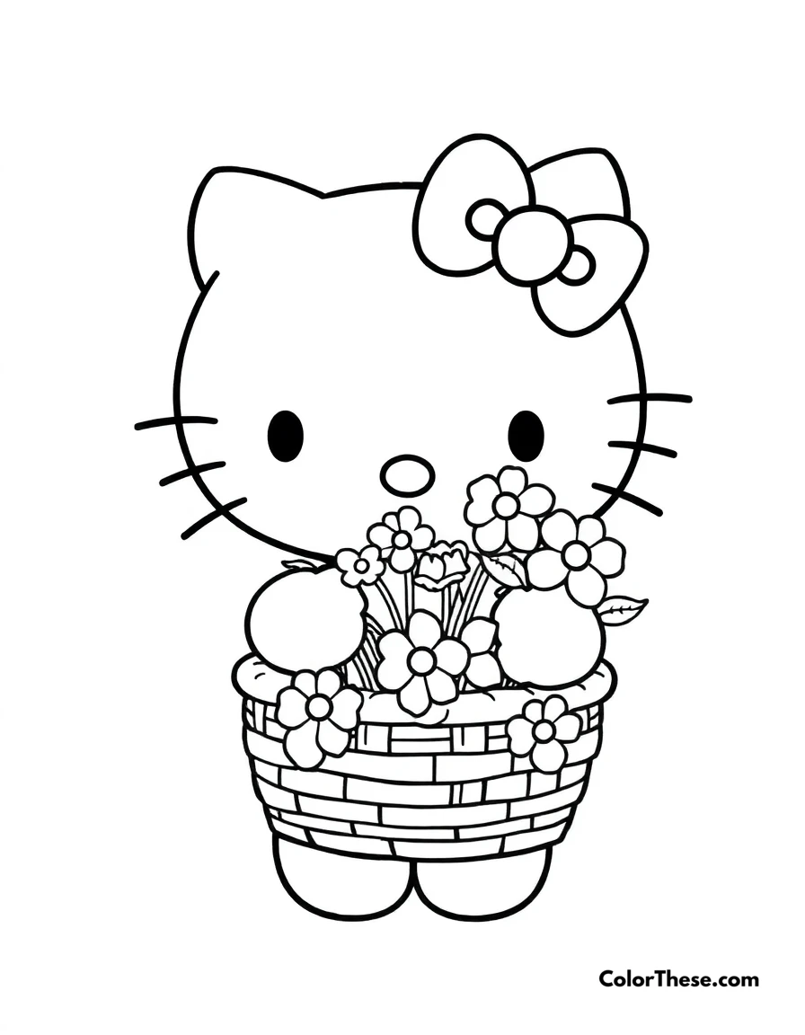 Free printable hello kitty with a basket of flowers coloring page for kids and adults. Hello Kitty (Sanrio) holding a basket full of flowers.