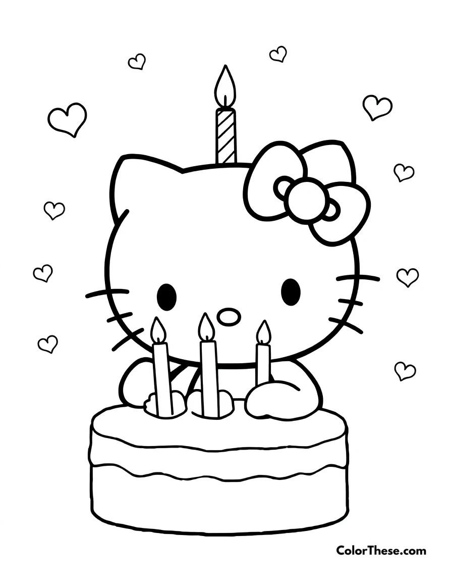 Free printable hello kitty with a birthday cake coloring page for kids and adults. Hello Kitty (Sanrio) celebrating with a birthday cake.