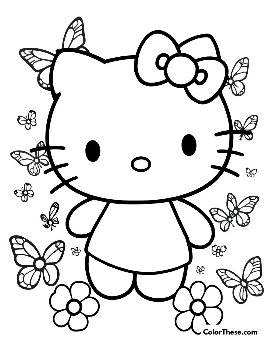 Free printable hello kitty with a butterfly coloring page for kids and adults. Hello Kitty (Sanrio) surrounded by butterflies.