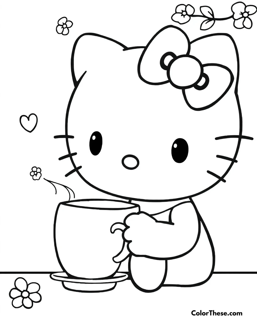 Free printable hello kitty with a cup of tea coloring page for kids and adults. Hello Kitty (Sanrio) enjoying a cup of tea.