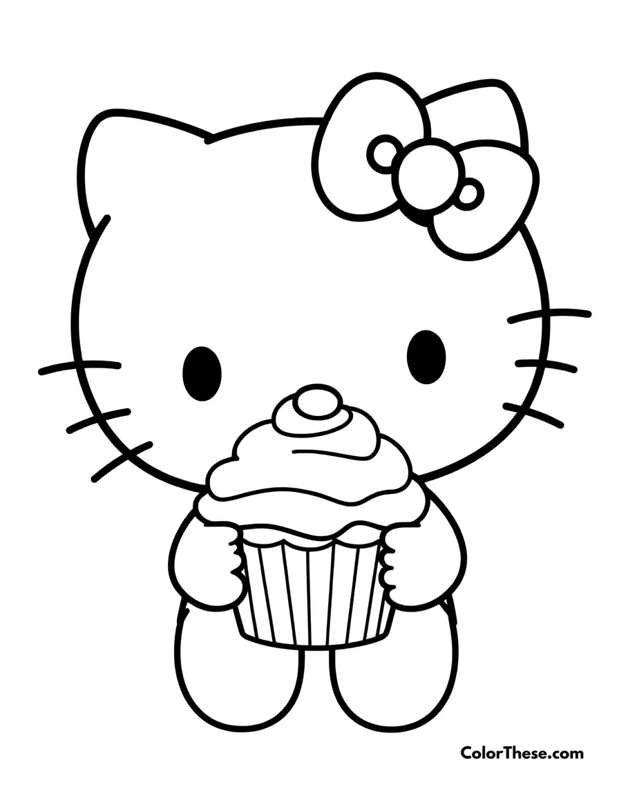 Free printable hello kitty with a cupcake coloring page for kids and adults. Hello Kitty (Sanrio) holding a cute cupcake.