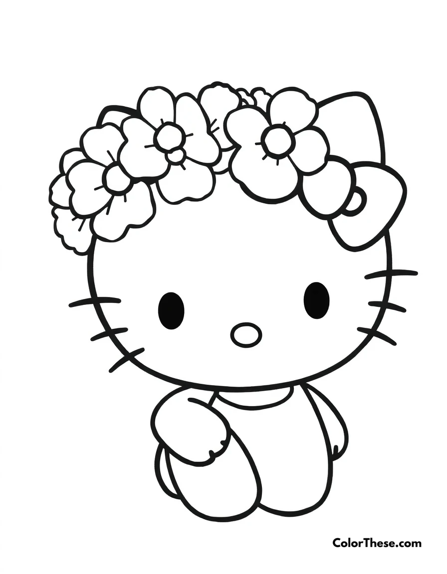 Free printable hello kitty with a flower crown coloring page for kids and adults. Hello Kitty (Sanrio) wearing a beautiful flower crown.