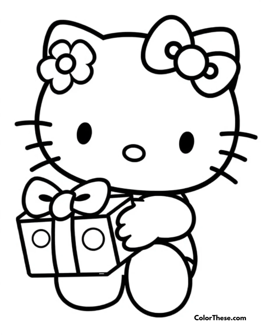 Free printable hello kitty with a gift box coloring page for kids and adults. Hello Kitty (Sanrio) holding a beautifully wrapped gift box.
