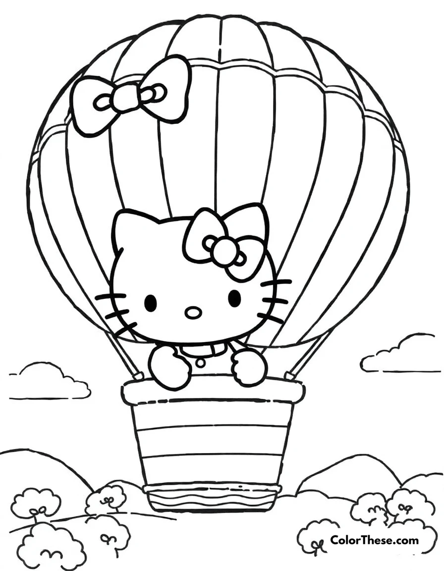 Free printable hello kitty with a hot air balloon coloring page for kids and adults. Hello Kitty (Sanrio) riding in a hot air balloon.
