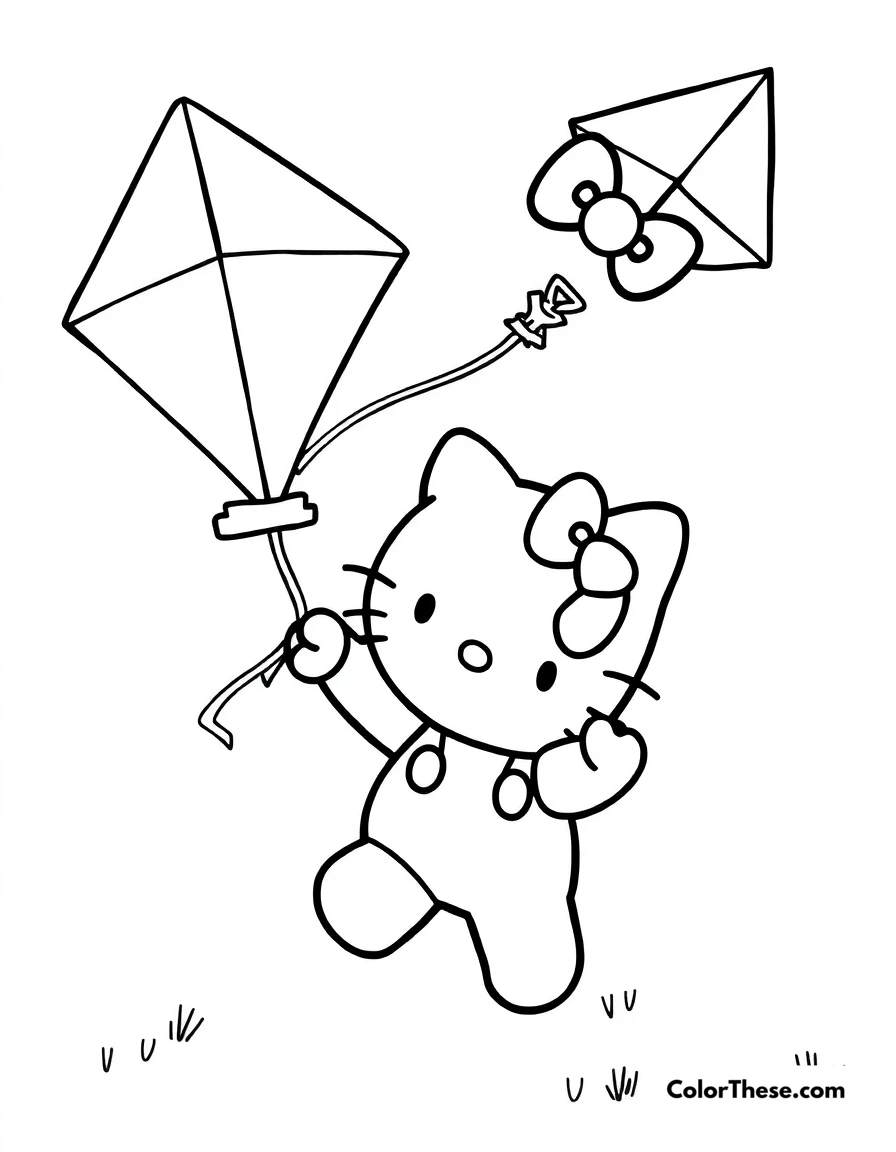 Free printable hello kitty with a kite coloring page for kids and adults. Hello Kitty (Sanrio) flying a colorful kite.