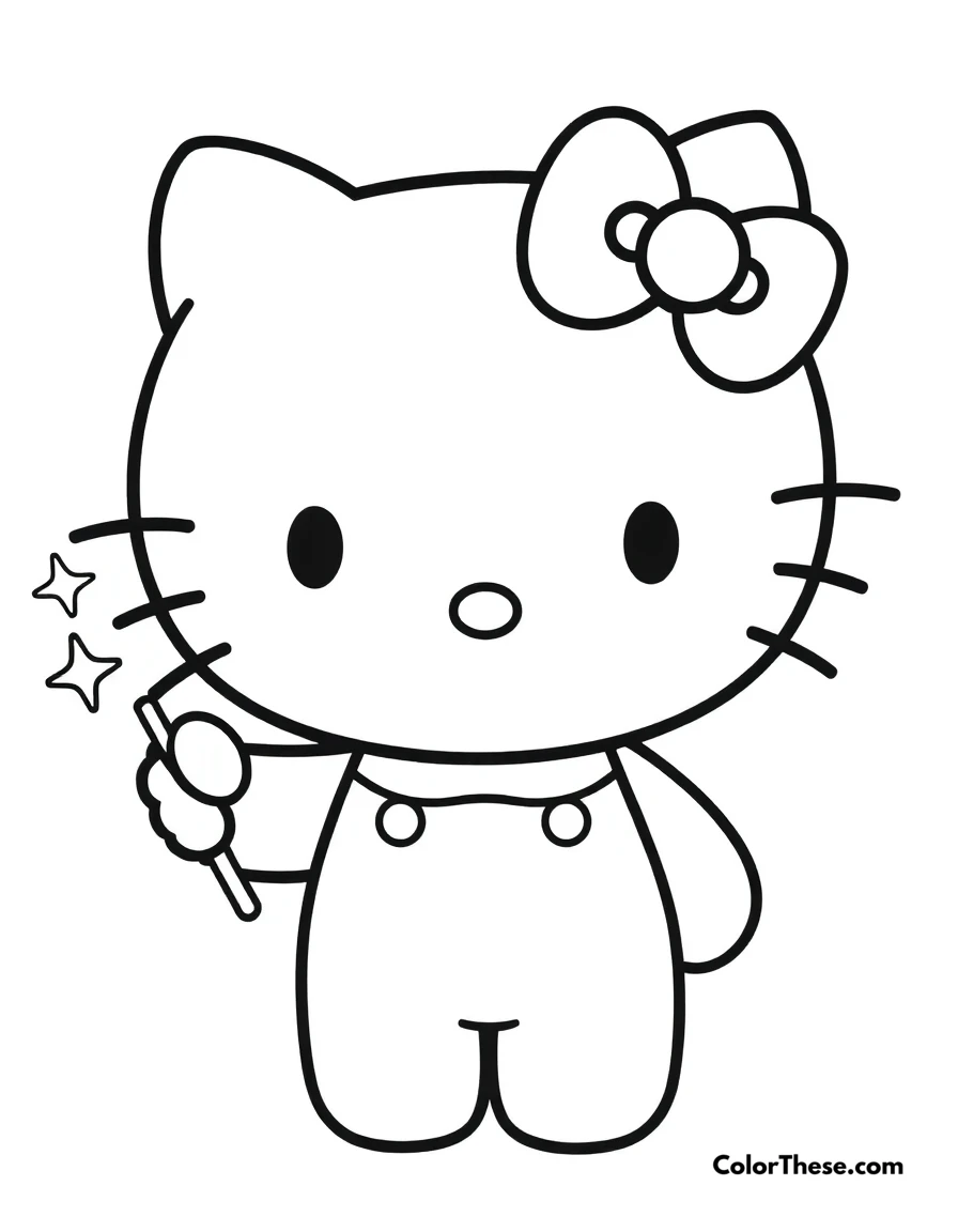 Free printable hello kitty with a magic wand coloring page for kids and adults. Hello Kitty (Sanrio) holding a sparkling magic wand.