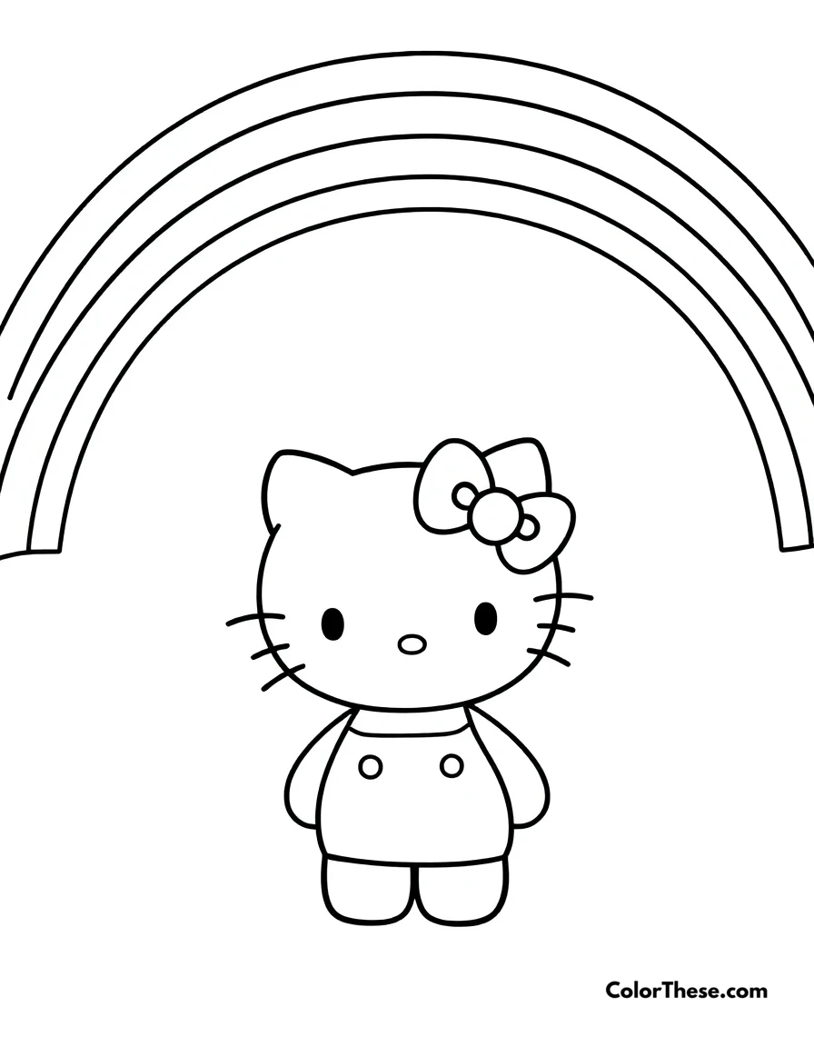 Free printable hello kitty with a rainbow coloring page for kids and adults. Hello Kitty (Sanrio) standing under a colorful rainbow.
