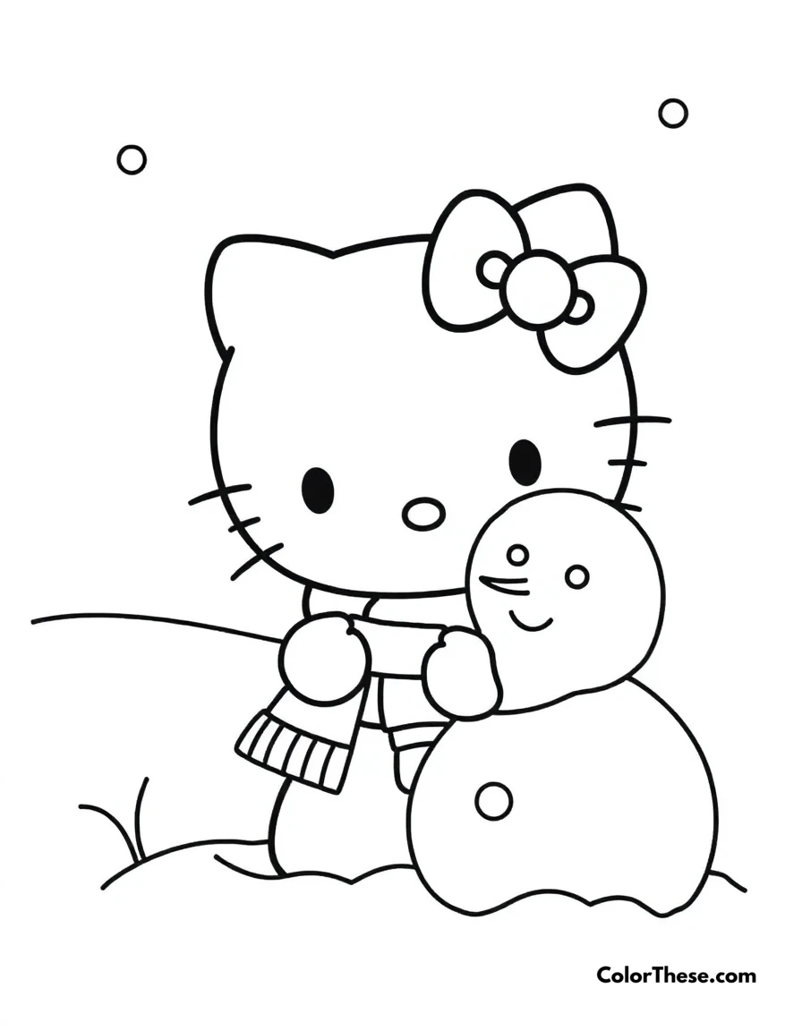 Free printable hello kitty with a snowman coloring page for kids and adults. Hello Kitty (Sanrio) building a snowman in the winter.