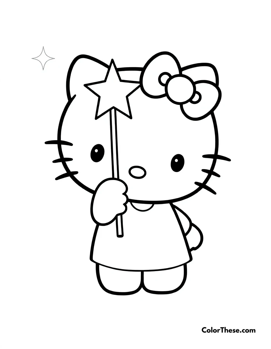 Free printable hello kitty with a star wand coloring page for kids and adults. Hello Kitty (Sanrio) holding a magical star wand.