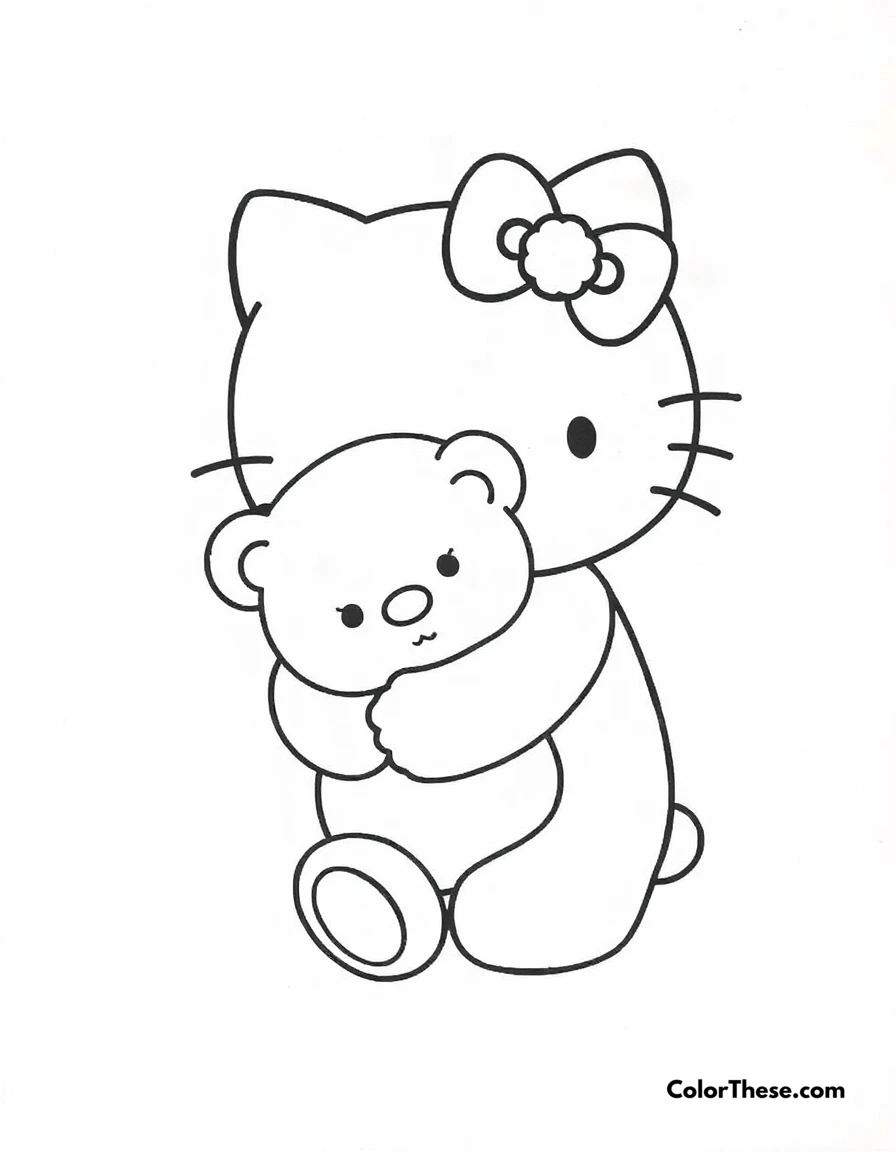 Free printable hello kitty with a teddy bear coloring page for kids and adults. Hello Kitty (Sanrio) hugging a cute teddy bear.
