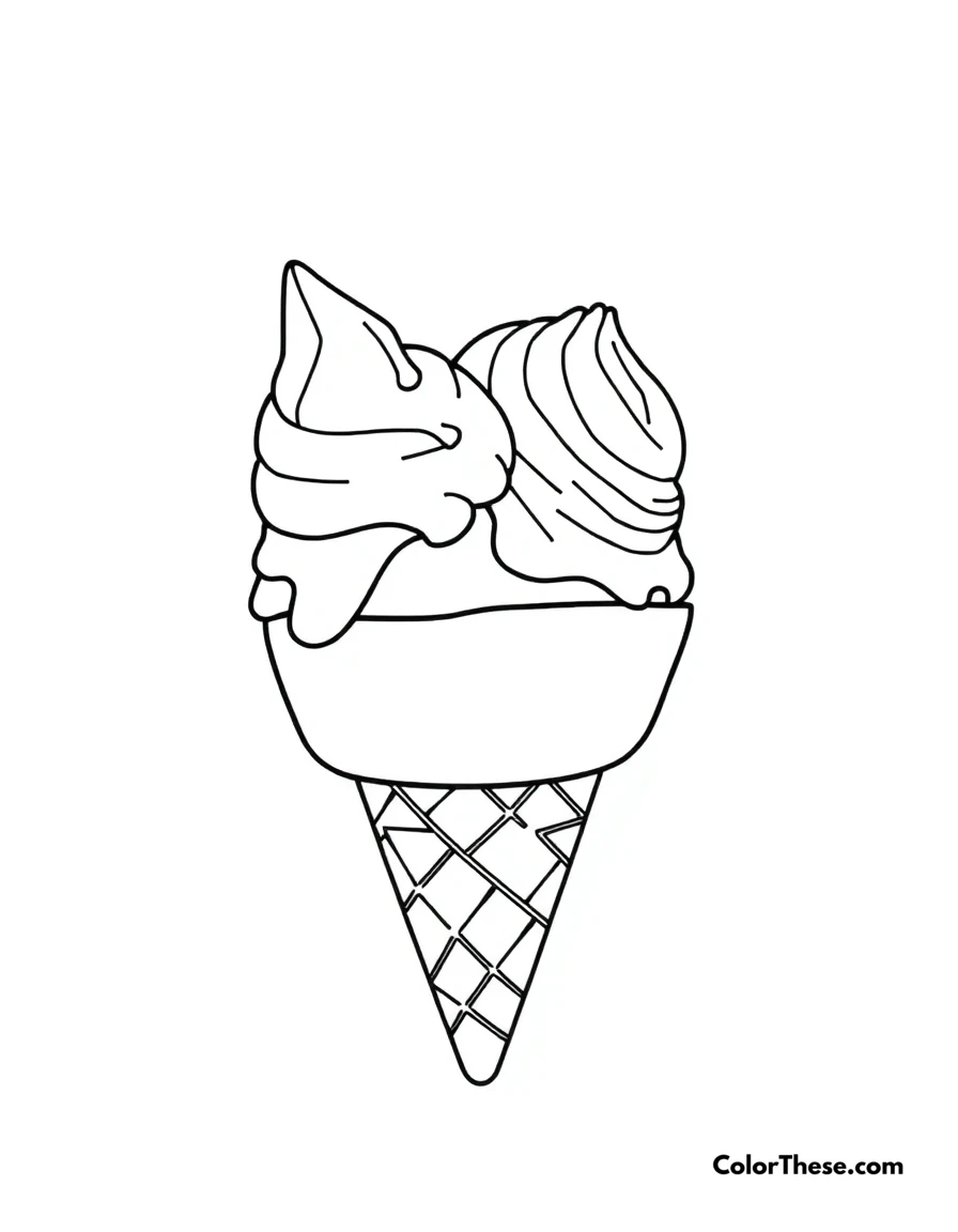 Free printable double scoop ice cream cone coloring page for kids and adults. An ice cream cone with two delicious scoops.