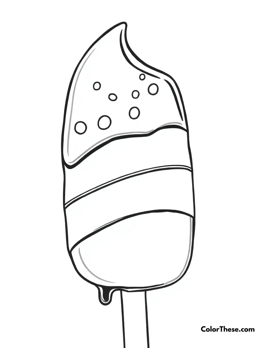 Free printable ice cream bar coloring page for kids and adults. A chocolate-covered ice cream bar on a stick.