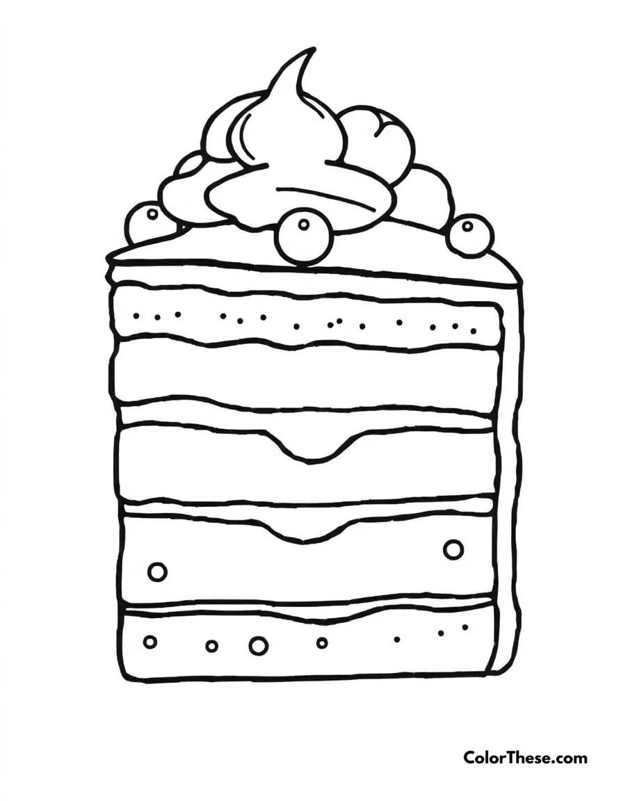 Free printable ice cream cake coloring page for kids and adults. A slice of ice cream cake with layers and toppings.