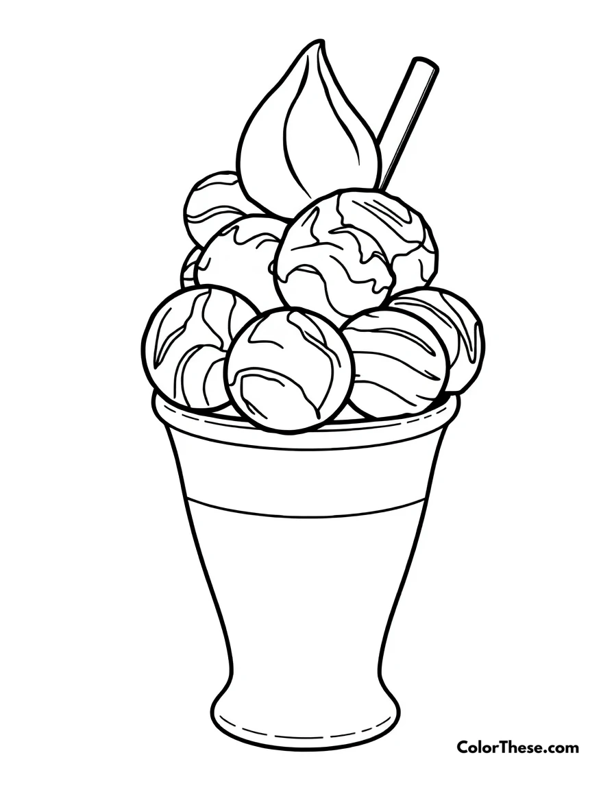 Free printable ice cream cup coloring page for kids and adults. A cup filled with multiple ice cream scoops.