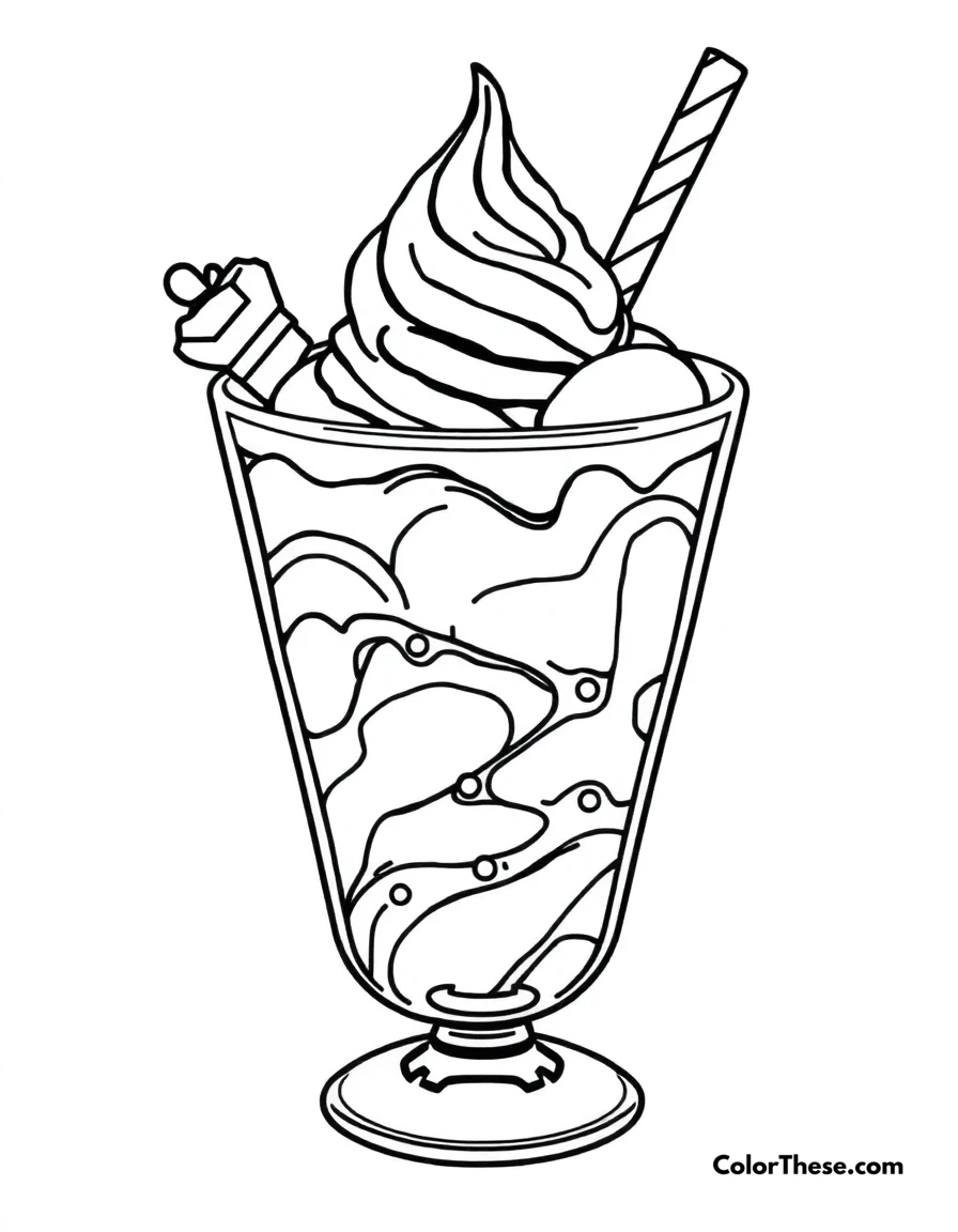 Free printable ice cream float coloring page for kids and adults. A refreshing ice cream float in a glass.