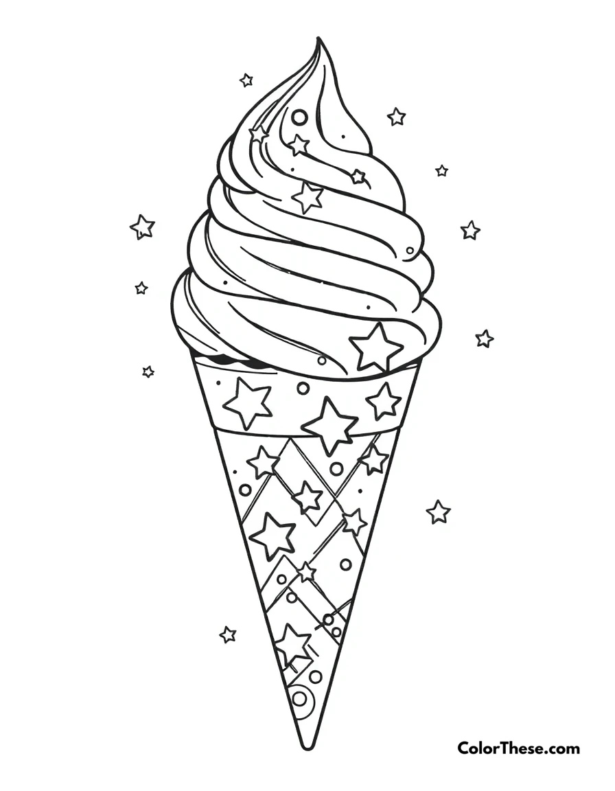 Free printable ice cream galaxy coloring page for kids and adults. A galaxy-themed ice cream cone with stars and swirls.