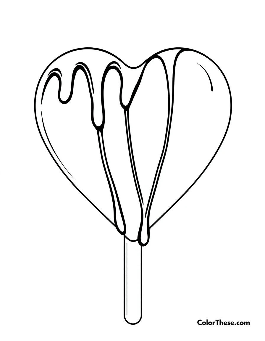 Free printable ice cream heart coloring page for kids and adults. A heart-shaped ice cream pop with chocolate drizzle.