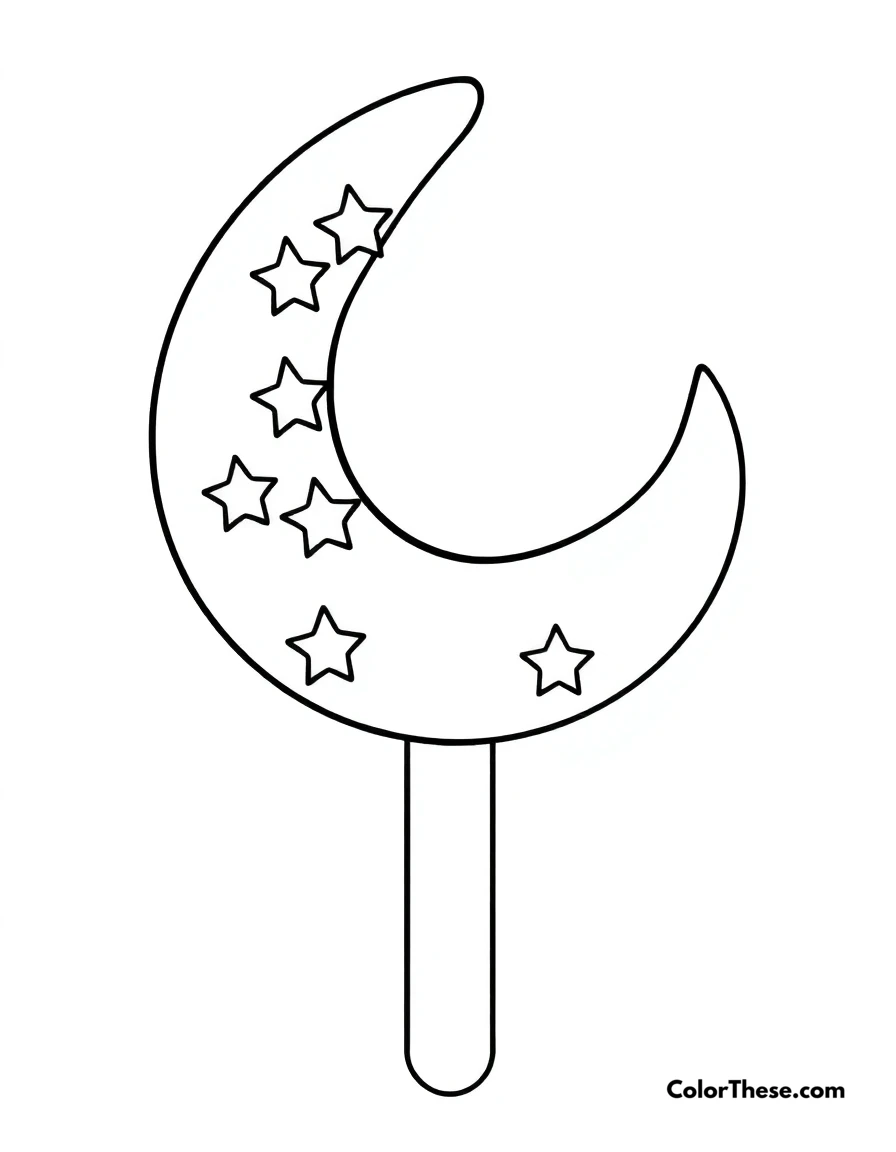 Free printable ice cream moon coloring page for kids and adults. A crescent moon-shaped ice cream pop with stars.