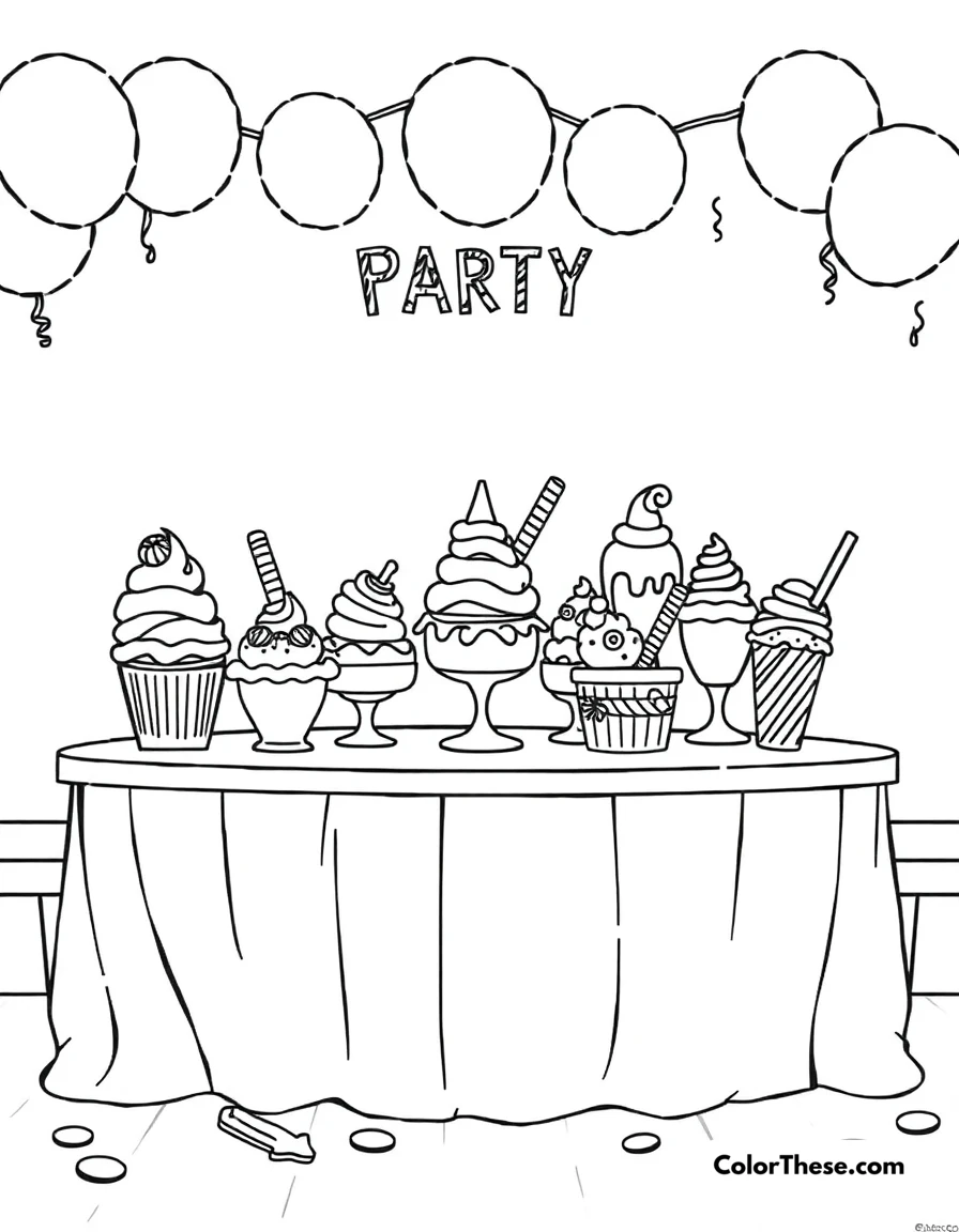 Free printable ice cream party coloring page for kids and adults. A table full of ice cream treats for a party.