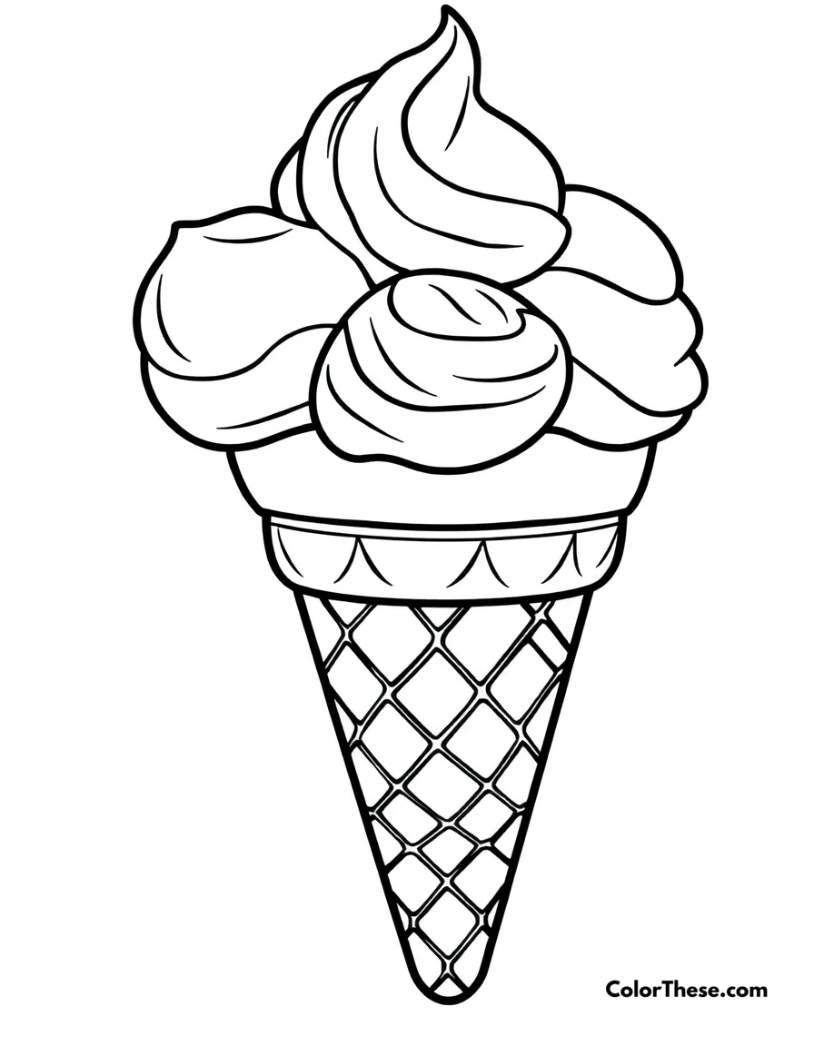 Free printable ice cream rainbow coloring page for kids and adults. A rainbow-themed ice cream cone with vibrant scoops.