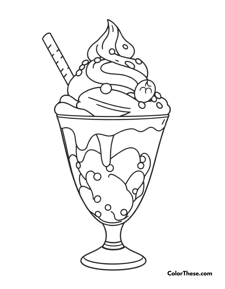 Free printable ice cream sundae coloring page for kids and adults. A delicious ice cream sundae with toppings.