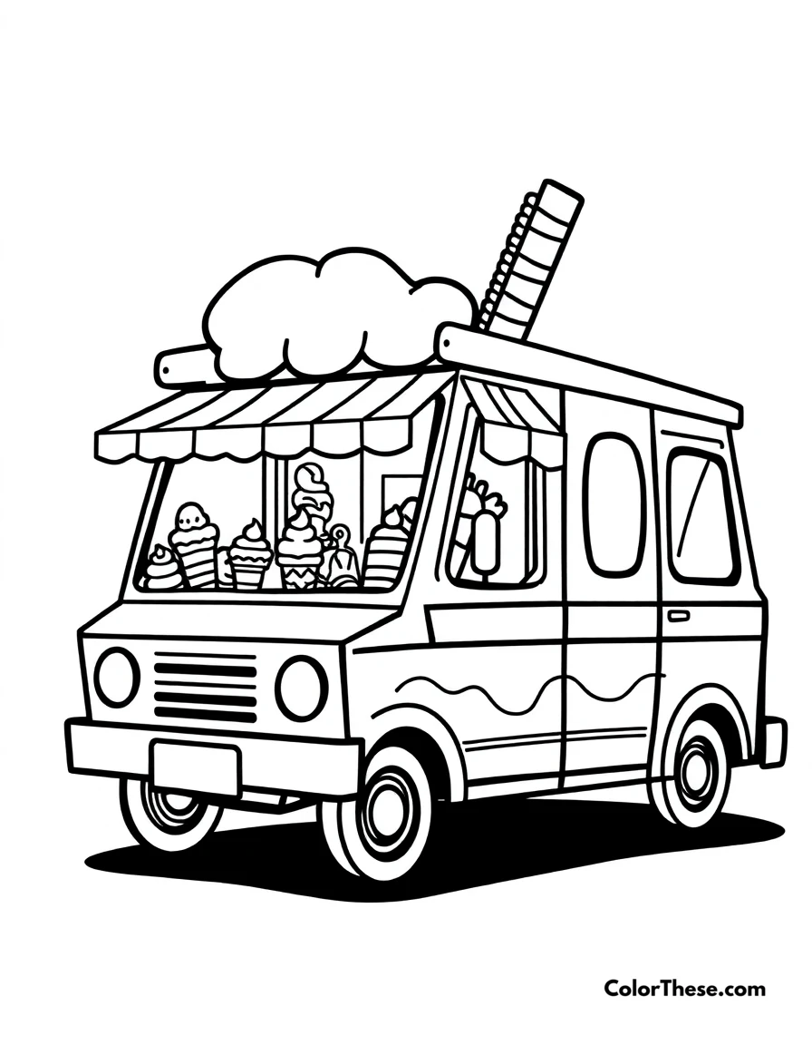 Free printable ice cream truck coloring page for kids and adults. A cheerful ice cream truck serving treats.